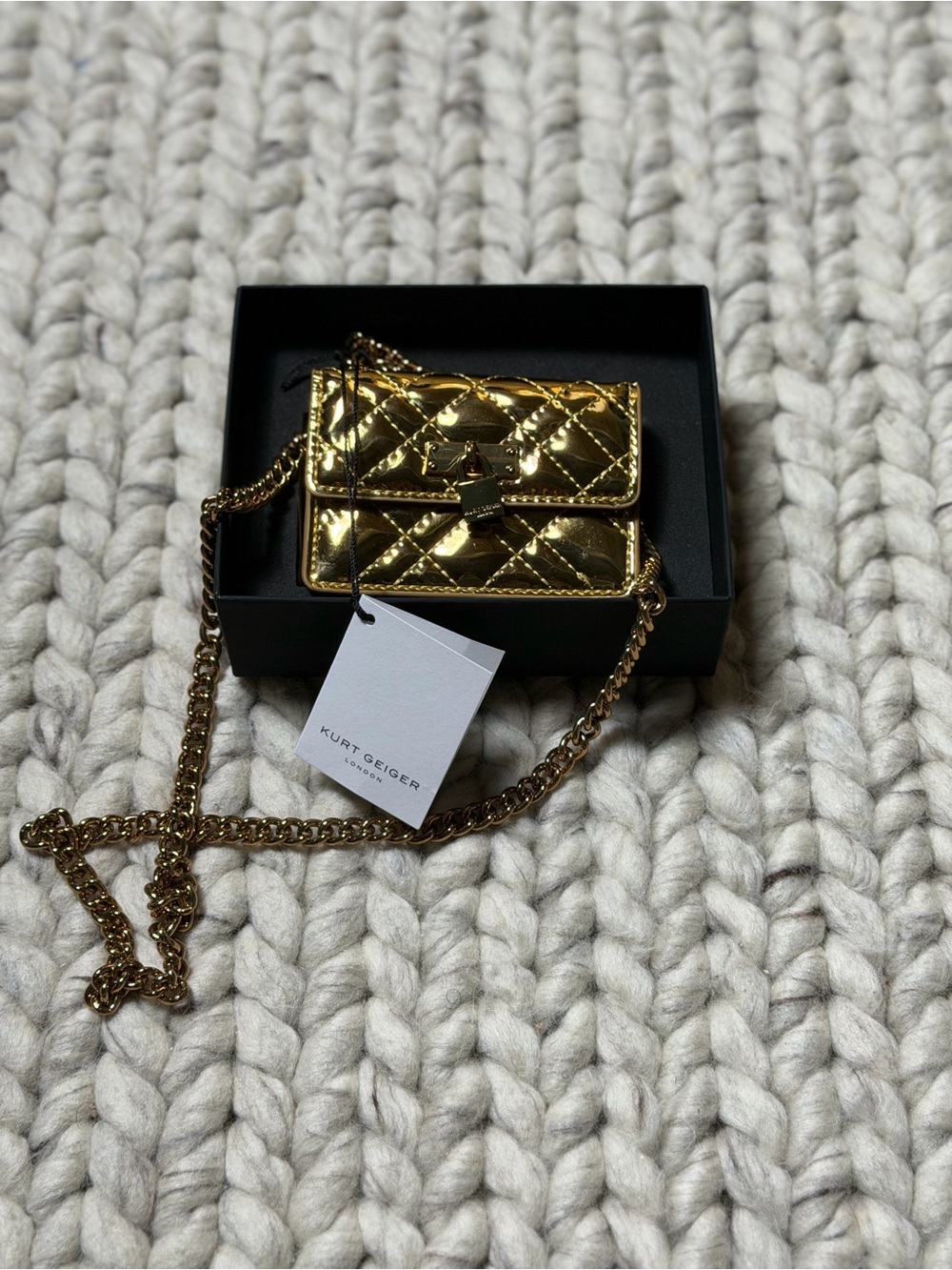 Kurt Geiger Metallic Gold Quilted Mini Chain Crossbody